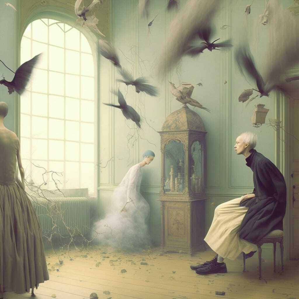 Midjourney prompt showcasing surreal scene with figures, birds, and ethereal elements, emphasizing artistic styles and prompt engineering techniques.