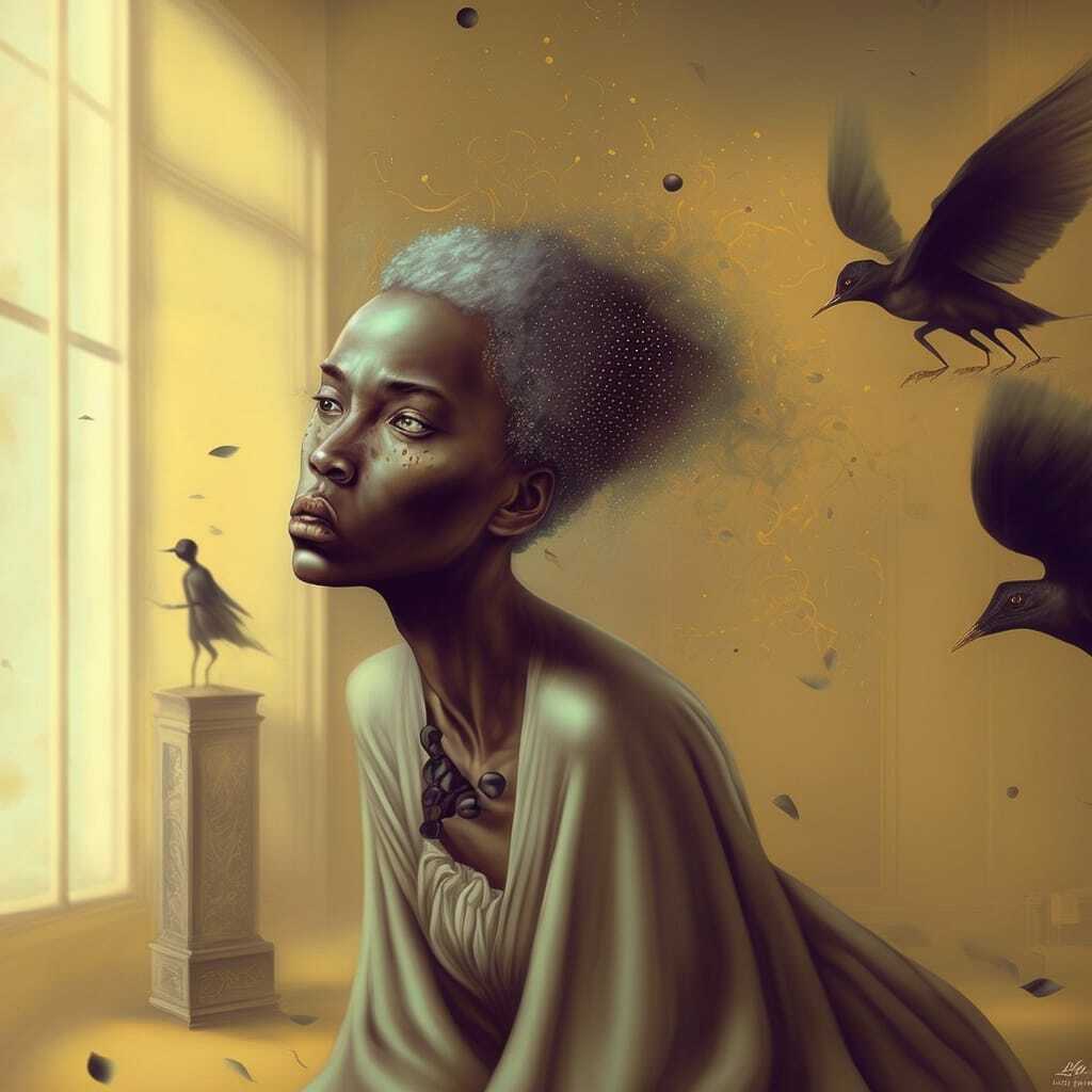 Midjourney prompt showcasing detailed character expression, blending techniques, and artistic styles in AI image generation.