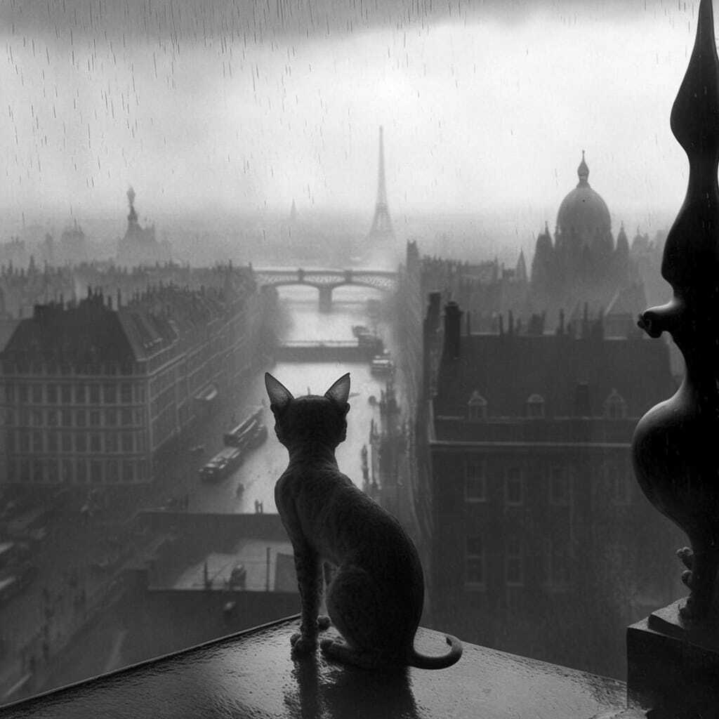 Colossal Sphynx cat overlooking rainy Paris, Eiffel Tower visible, Midjourney prompt engineering, image generation techniques, --v 4.