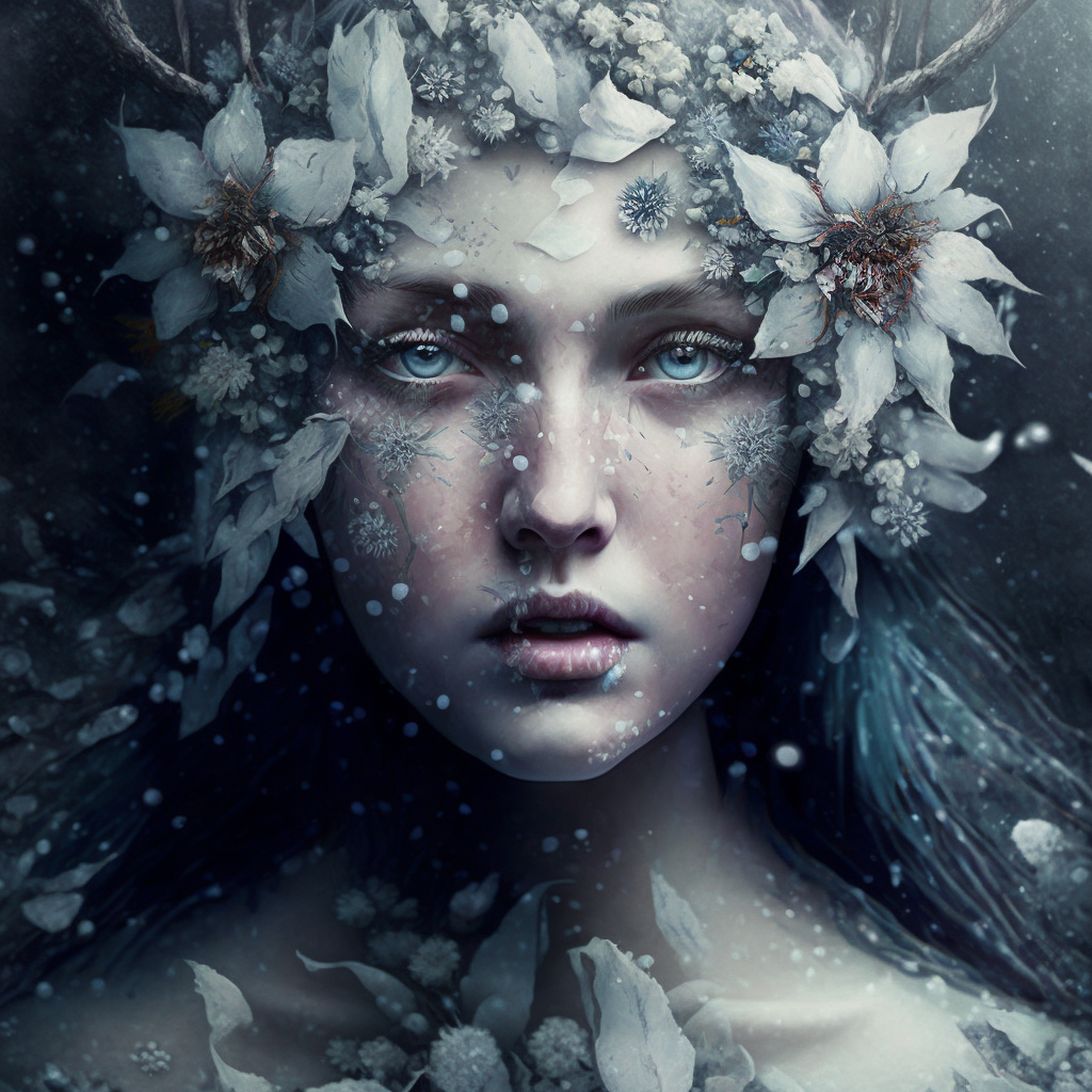 Slavic goddess of winter and floral decay, Midjourney prompt for V4, showcasing detail attention and composition techniques.