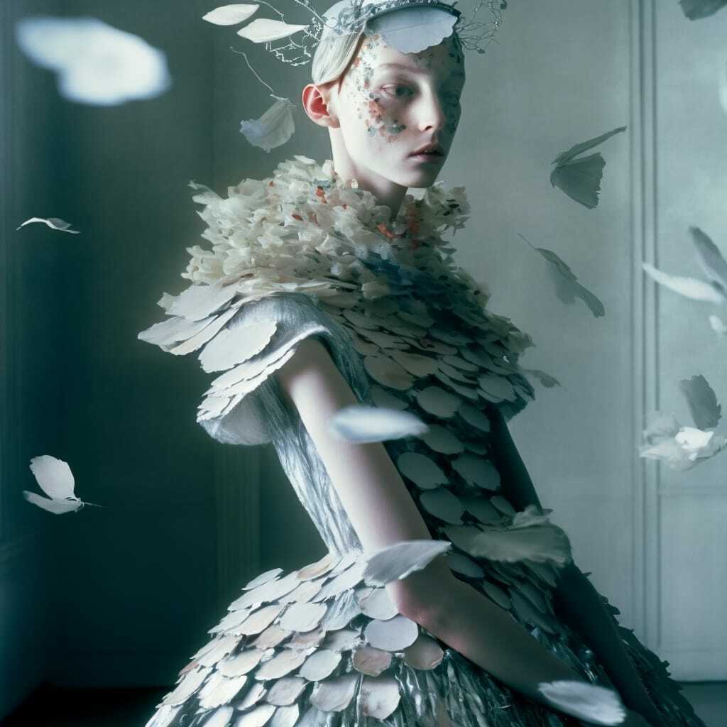 Midjourney prompt showcasing fashion design with layered textures, ethereal elements, and artistic composition --v 4.