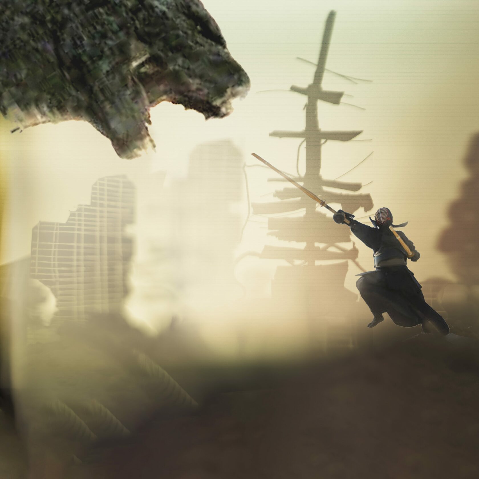 Midjourney prompt showcasing warrior confronting giant creature, blending techniques, composition focus, digital collage for Complex Portrait Photography course.