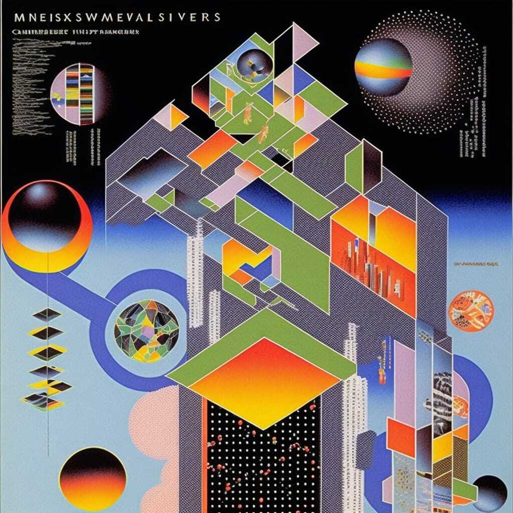 Infographic of multiverses, 1980s Japanese graphic design, Midjourney prompt techniques, visual character, composition, blending styles, AI image generation.