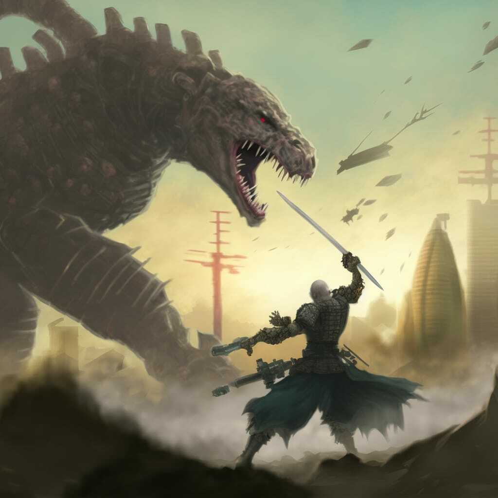 futuristic samurai battles mecha Godzilla in wasteland, showcasing Midjourney prompt techniques, V4 capabilities, and blending styles.