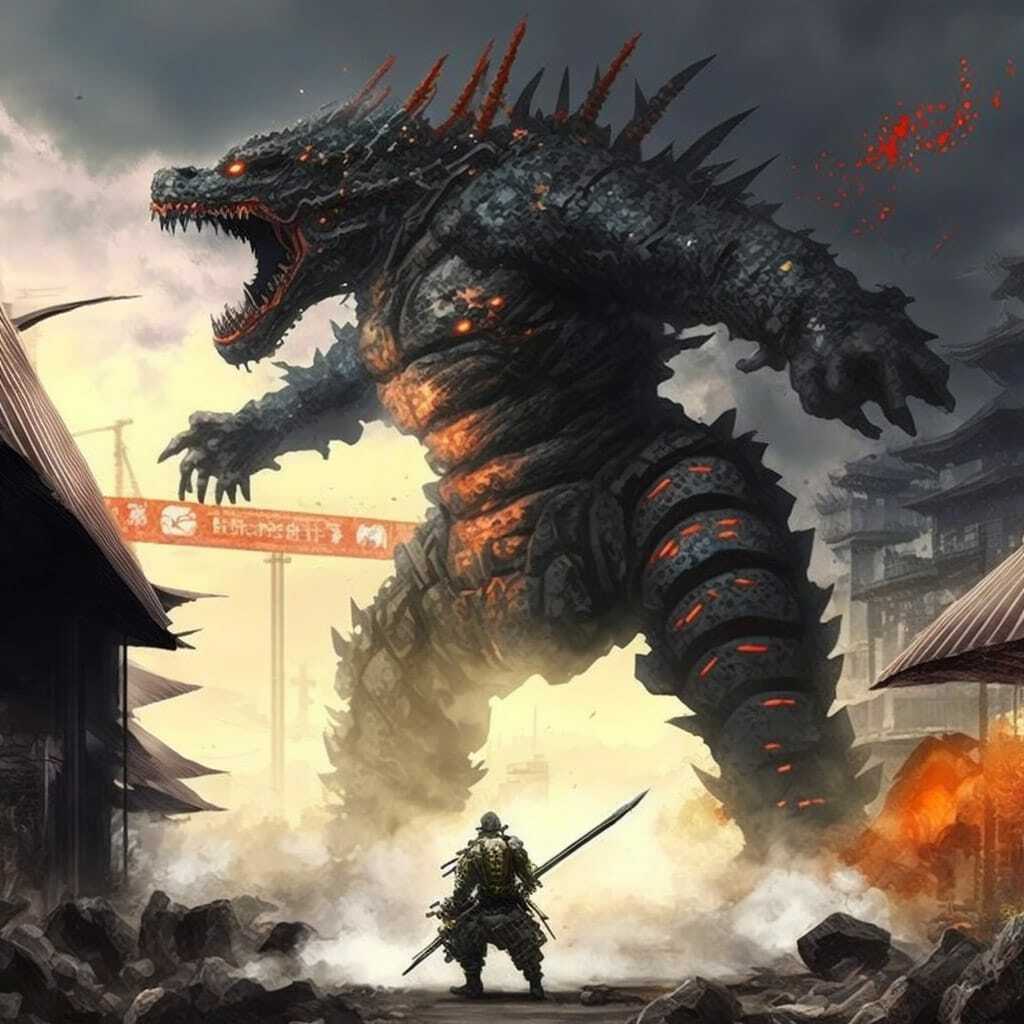 futuristic samurai with colossal plasma sword facing gigantic mecha Godzilla in post-apocalyptic wasteland -- Midjourney prompt --v 4