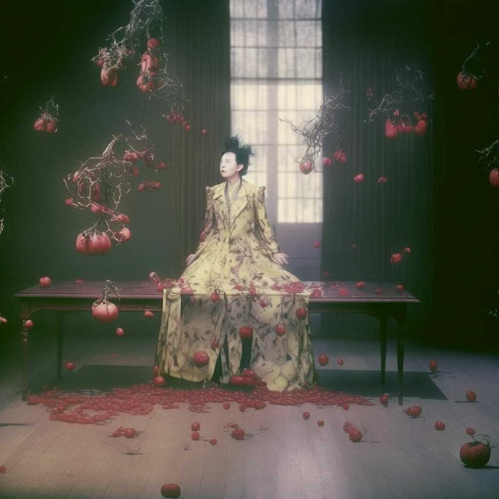 Midjourney prompt showcasing surreal composition with floating tomatoes, intricate dress, and ethereal lighting, emphasizing prompt engineering techniques.