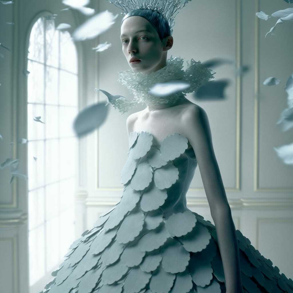 Midjourney prompt showcasing fashion design with layered textures, ethereal elements, and artistic composition --v 4