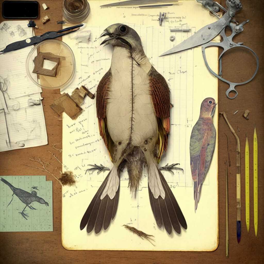 Midjourney prompt for dissected bird layout on lab table, scientific photograph with notes, --v 4.