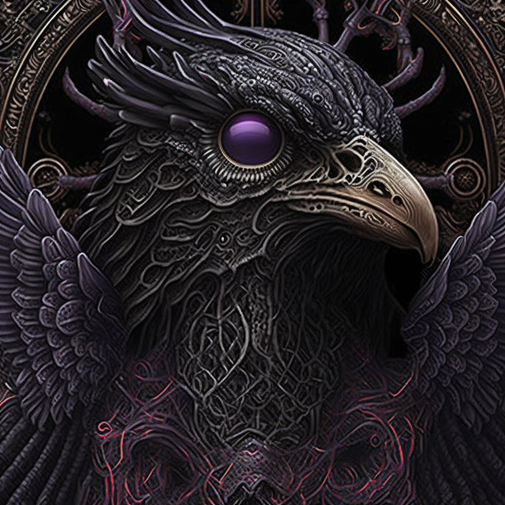 Intricate raven god illustration generated with Midjourney V4, showcasing prompt engineering and detailed composition techniques.