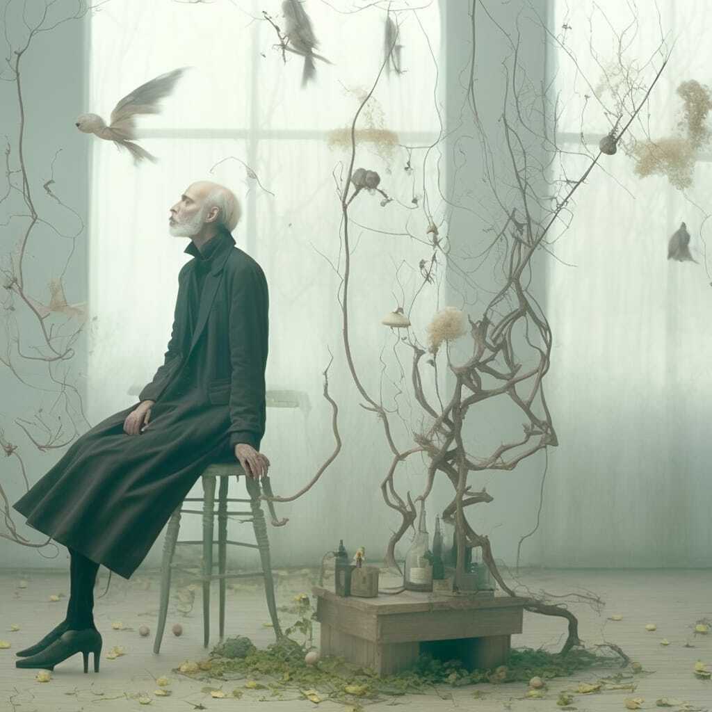 Midjourney prompt showcasing ethereal scene with figure, birds, and natural elements, emphasizing prompt engineering and artistic styles.