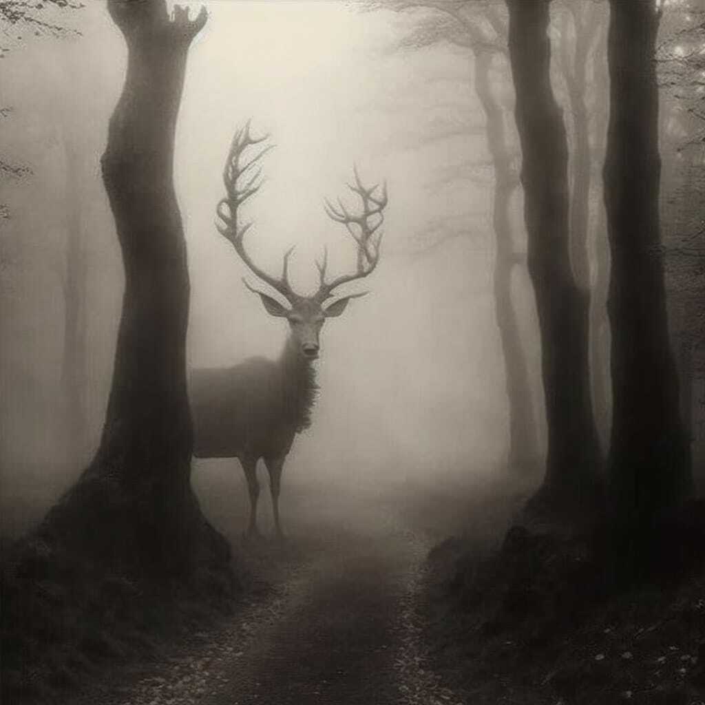 Colossal ancient god of deers in foggy forest, Midjourney prompt engineering, --v 4, artistic blending techniques, photographic previsualization.