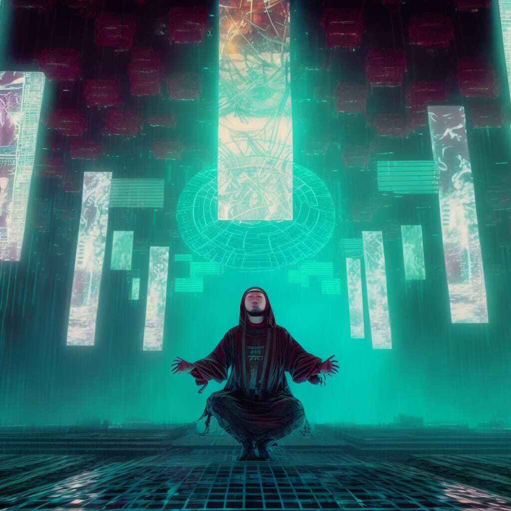 Mediating cybermonk in glitching virtual temple, Ghost In The Shell style, Midjourney prompt engineering, V4 features.