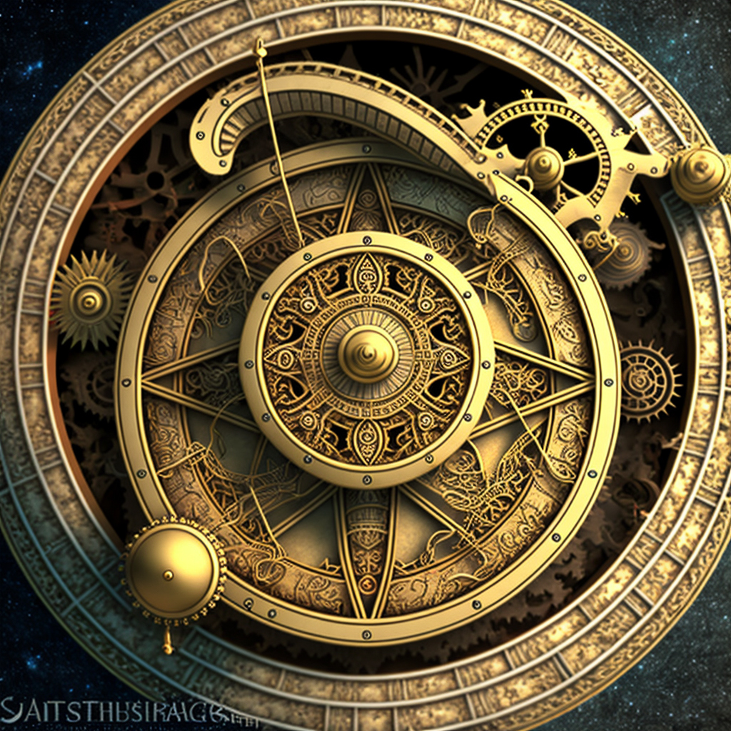 Dimensional astrolabe --v 4 showcasing intricate gears, prompt engineering, Midjourney AI image generation techniques, and detailed composition.