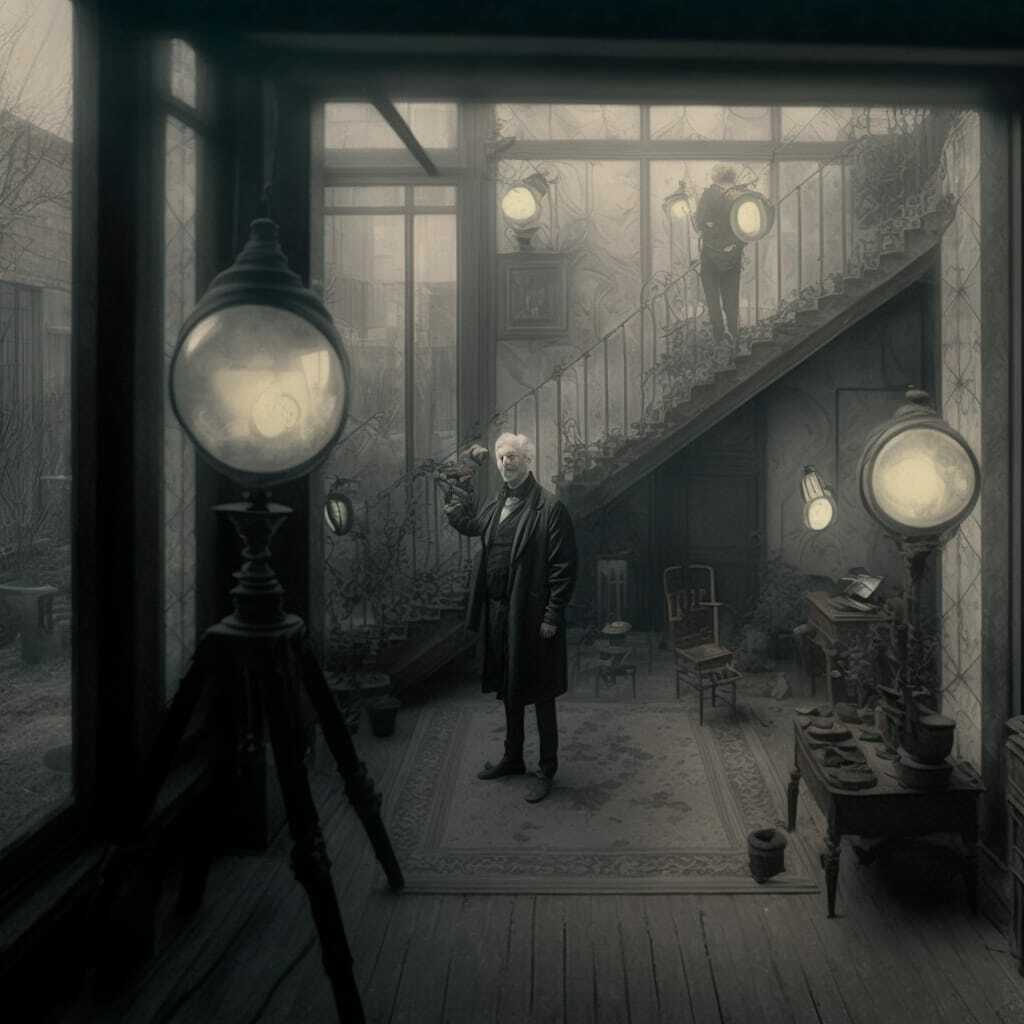 Midjourney prompt showcasing interior scene with vintage lamps, staircase, and figure, emphasizing prompt engineering and artistic styles.