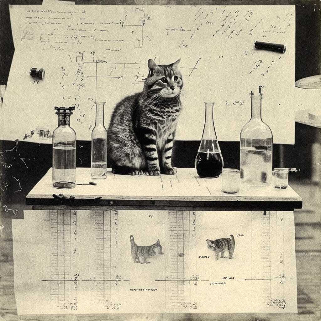 Midjourney prompt for scientific illustration featuring cat on lab table, vintage style, detailed notes, --v 4.