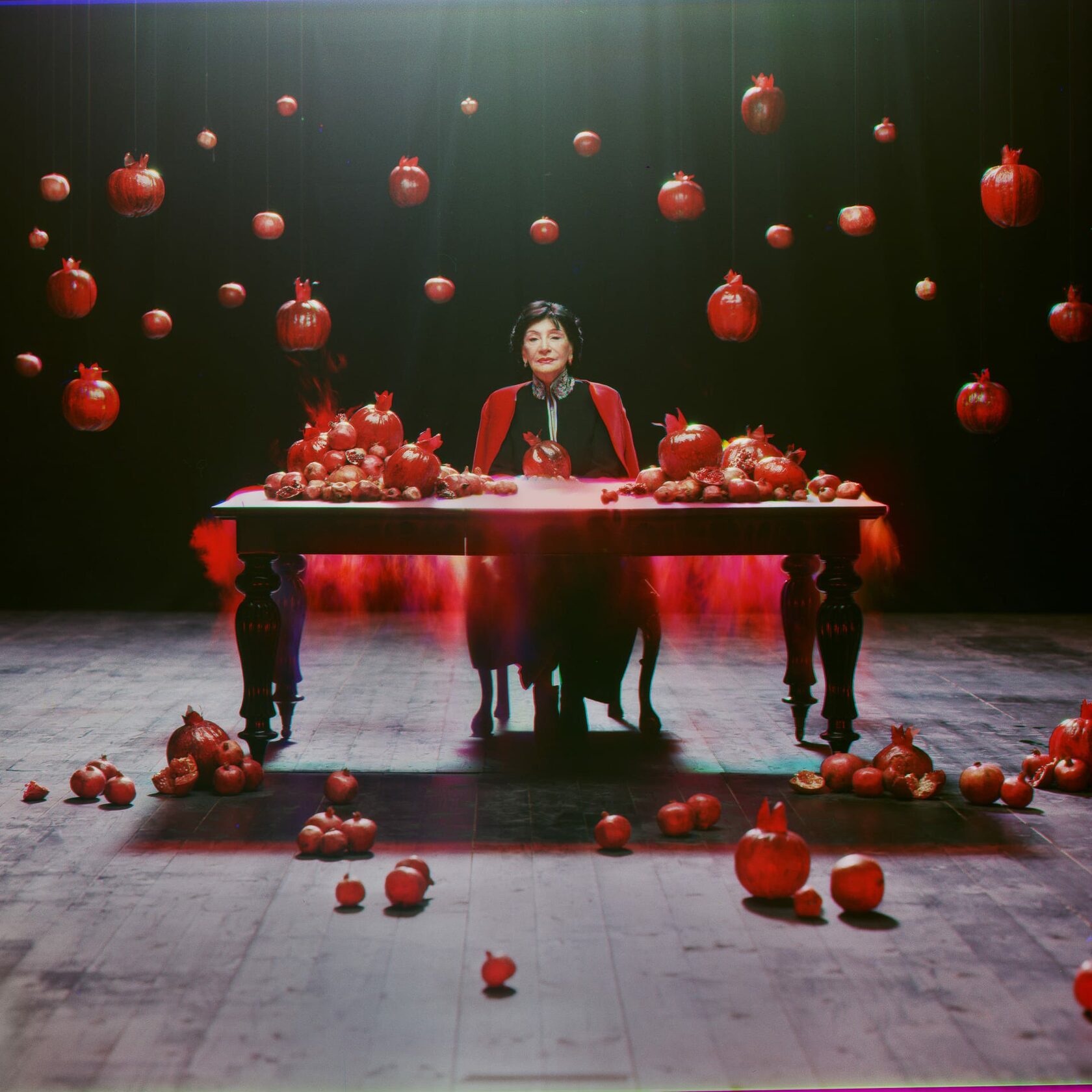 Midjourney prompt showcasing pomegranate theme, table setting, dramatic lighting, visual character, composition techniques, AI image generation.