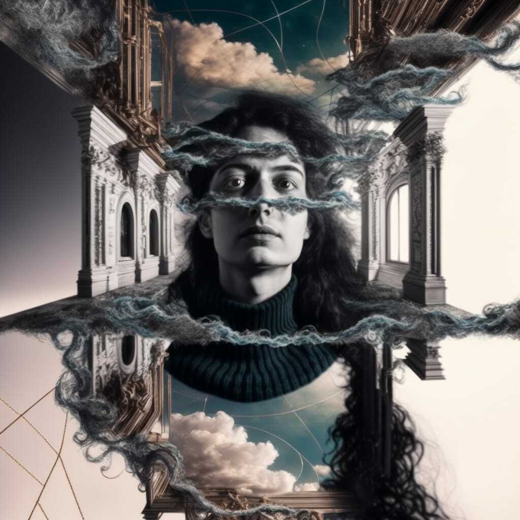 Midjourney prompt for surreal image generation, featuring layered reflections, clouds, and architectural elements in mirror dimension --v 4.