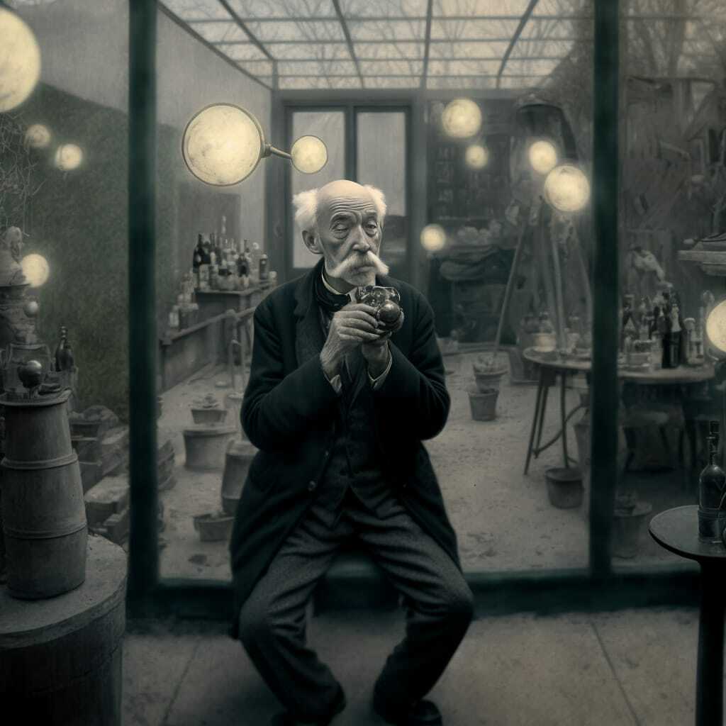 Midjourney prompt featuring Georges Méliès style, image generation, prompt engineering, blending techniques, photographic previsualization, detail attention, composition.