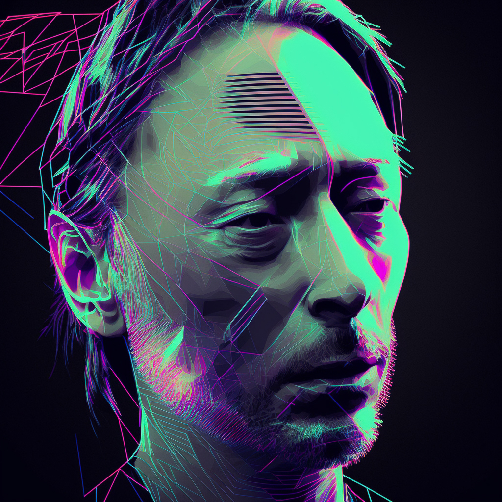 Digital glitch portrait using Midjourney V4 prompt engineering, showcasing abstract geometric features and vibrant colors.