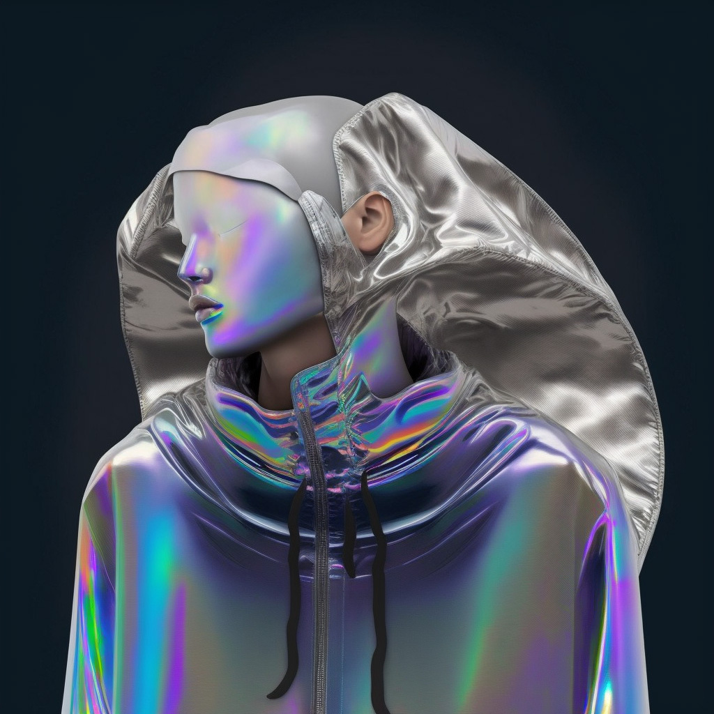 Iridescent oversized unibody by Yeezy, showcasing Midjourney prompt engineering for fashion design in Remix mode, version 4.