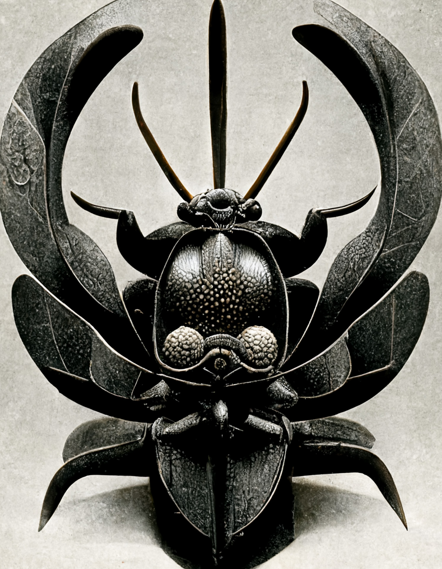 Midjourney prompt for samurai beetle design, inspired by Karl Blossfeldt and Ernst Haeckel, showcasing V3 features.