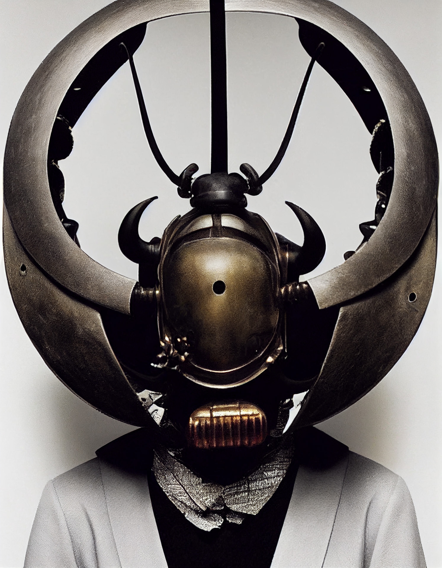 Midjourney prompt for dieselpunk samurai beetle mask headpiece, showcasing iterative image generation and style swap techniques in Remix mode.