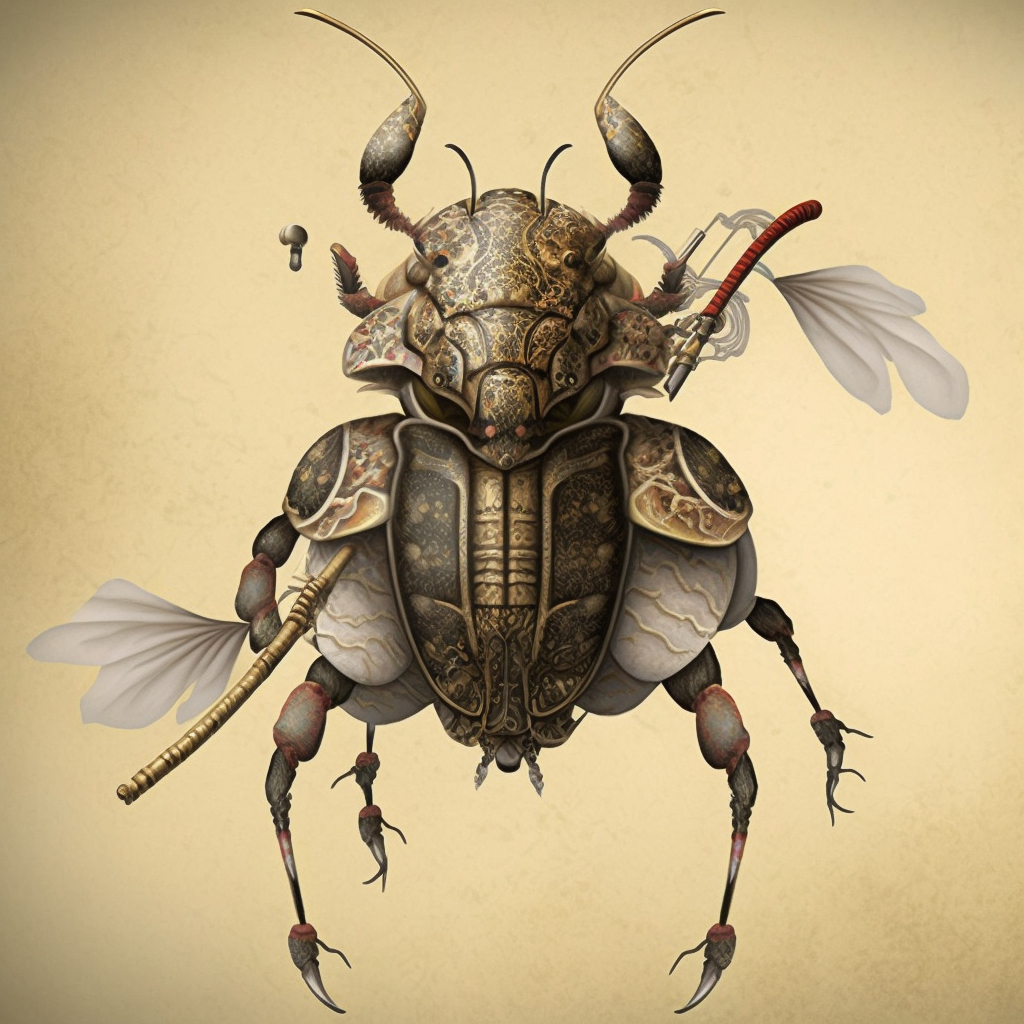 Samurai beetle illustration showcasing Midjourney prompt engineering techniques in Remix mode, version 4.