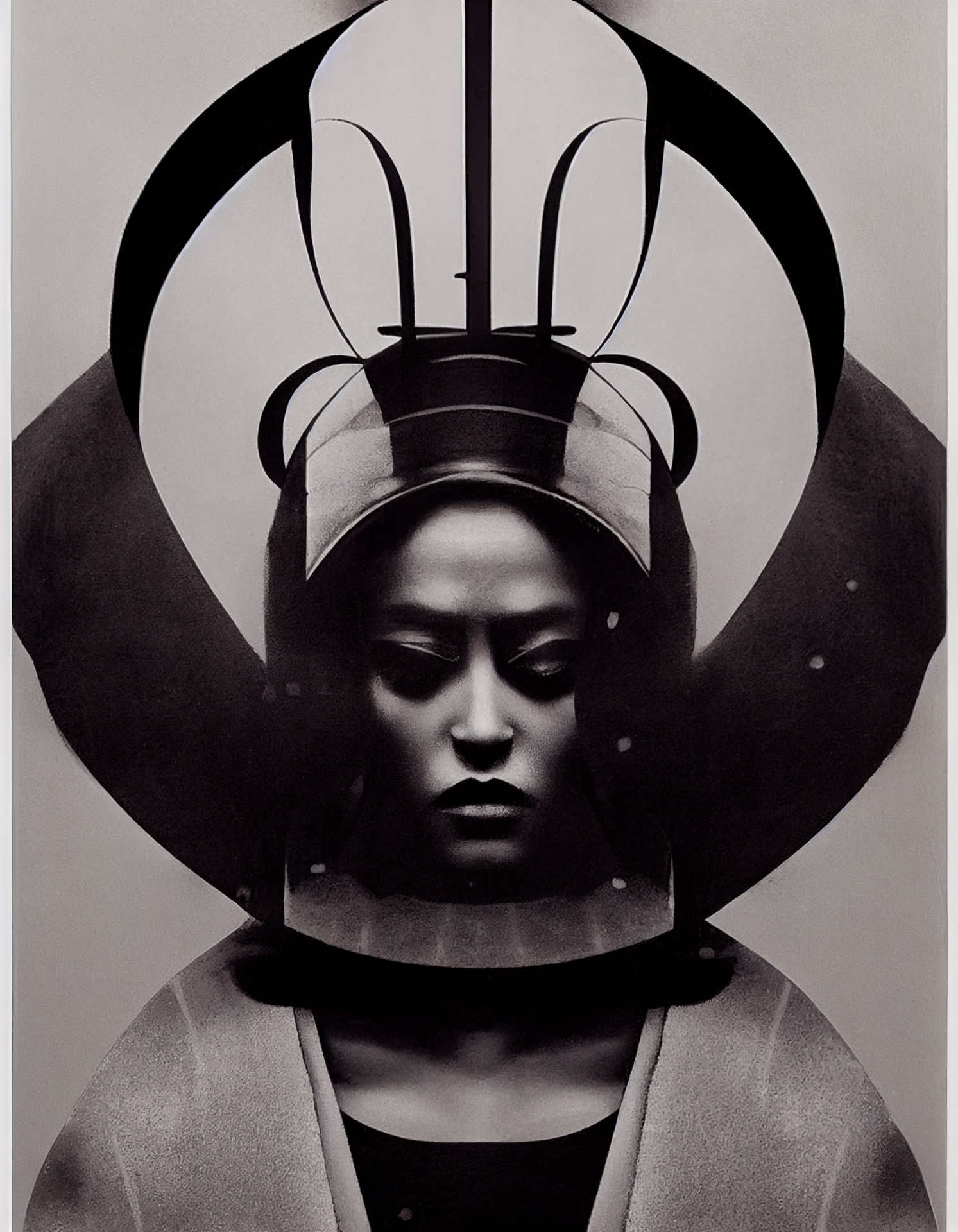 Midjourney prompt showcasing iterative image generation, fashion design, style swap, V3, V4, featuring abstract headpiece and model.