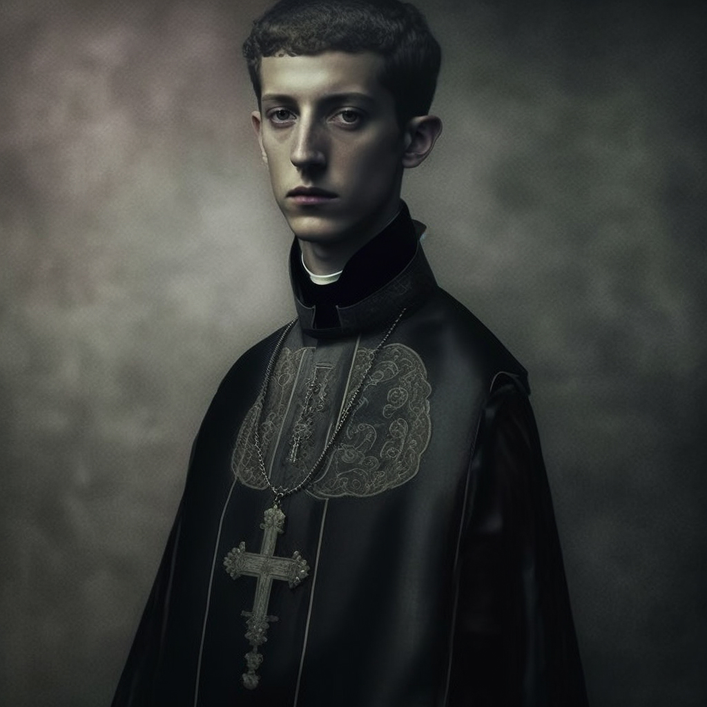 Midjourney prompt for archbishop portrait by Paolo Roversi, version 4, showcasing iterative image generation and style adjustments.