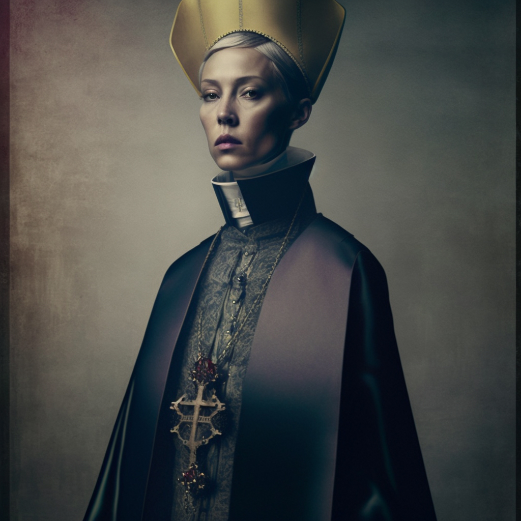 Midjourney prompt for female archbishop by Paolo Roversi, showcasing V4 capabilities in fashion design and style transformation.