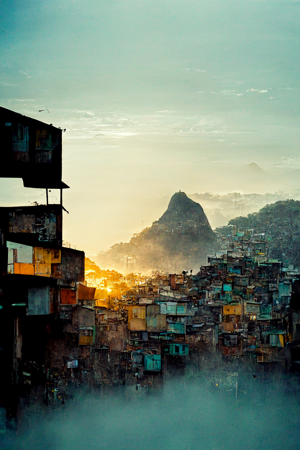 Midjourney prompt showcasing Rio de Janeiro favelas at sunrise, demonstrating image generation techniques and style variations --v 3.