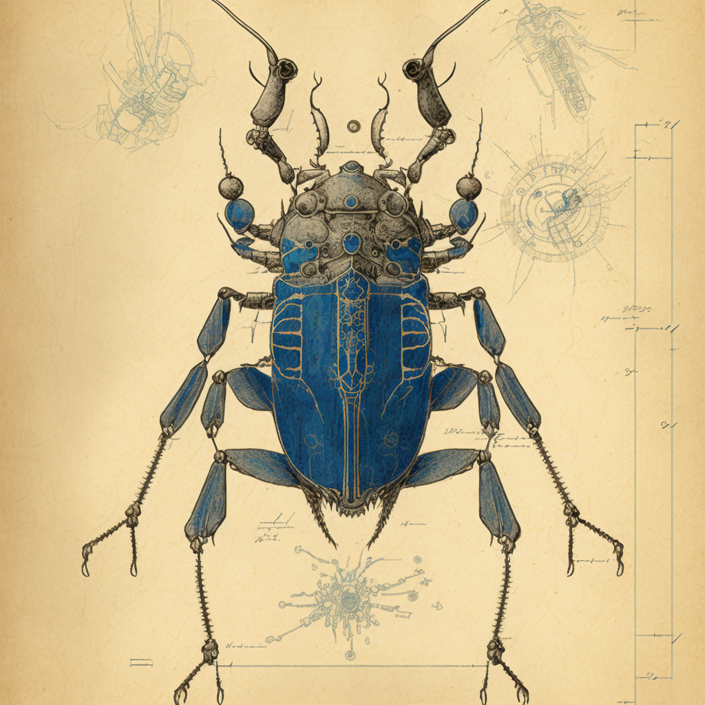 Blueprint of samurai beetle, Midjourney prompt engineering, V4 features, iterative image generation, style swap techniques.