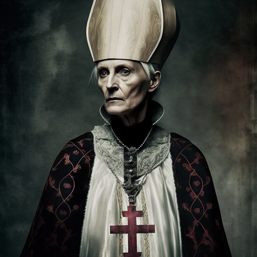 Midjourney prompt for female archbishop by Paolo Roversi, showcasing V4 capabilities, iterative image generation, and style adjustments.