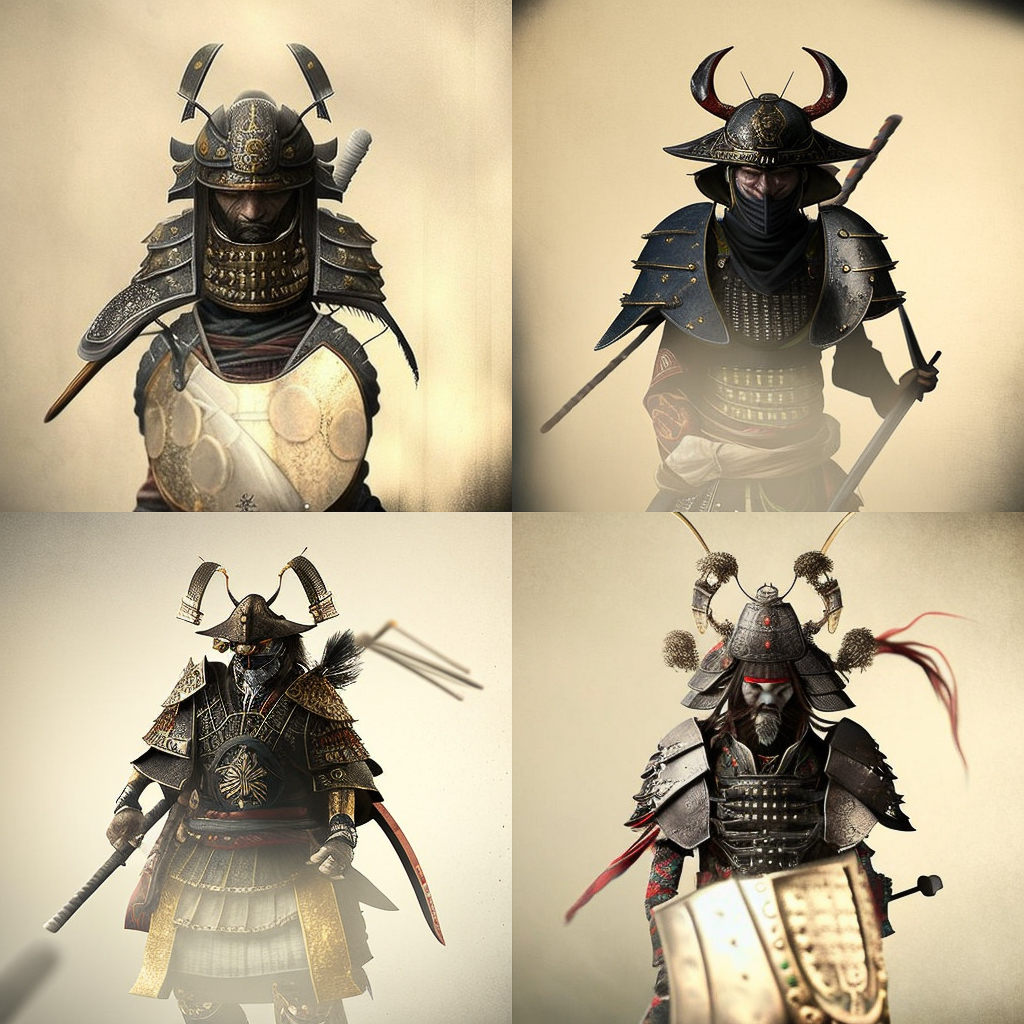 XIX century French samurai characters generated with Midjourney prompt techniques, showcasing variations and styles in V4.
