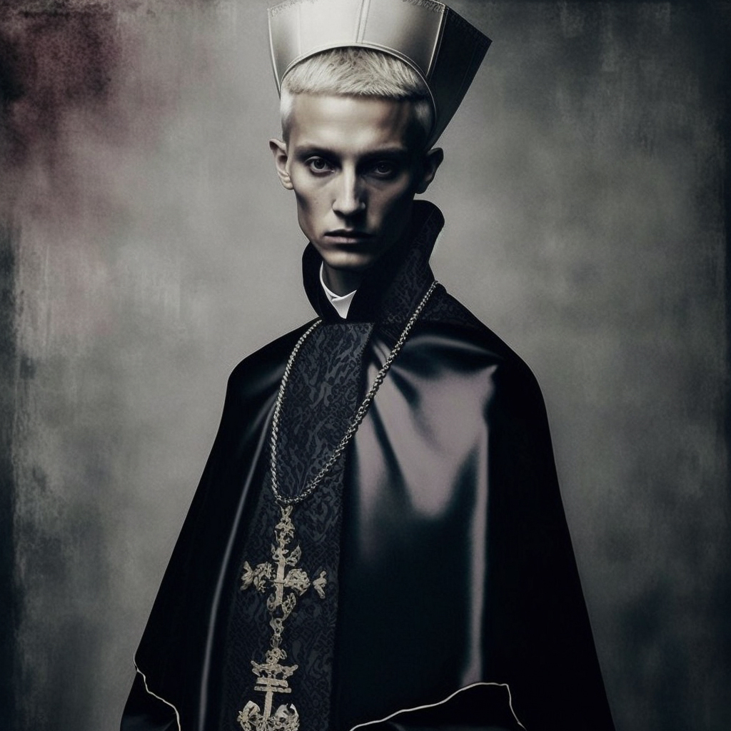 Midjourney prompt for fashion design featuring young man archbishop, V4, iterative image generation, style swap, prompt adjustments.