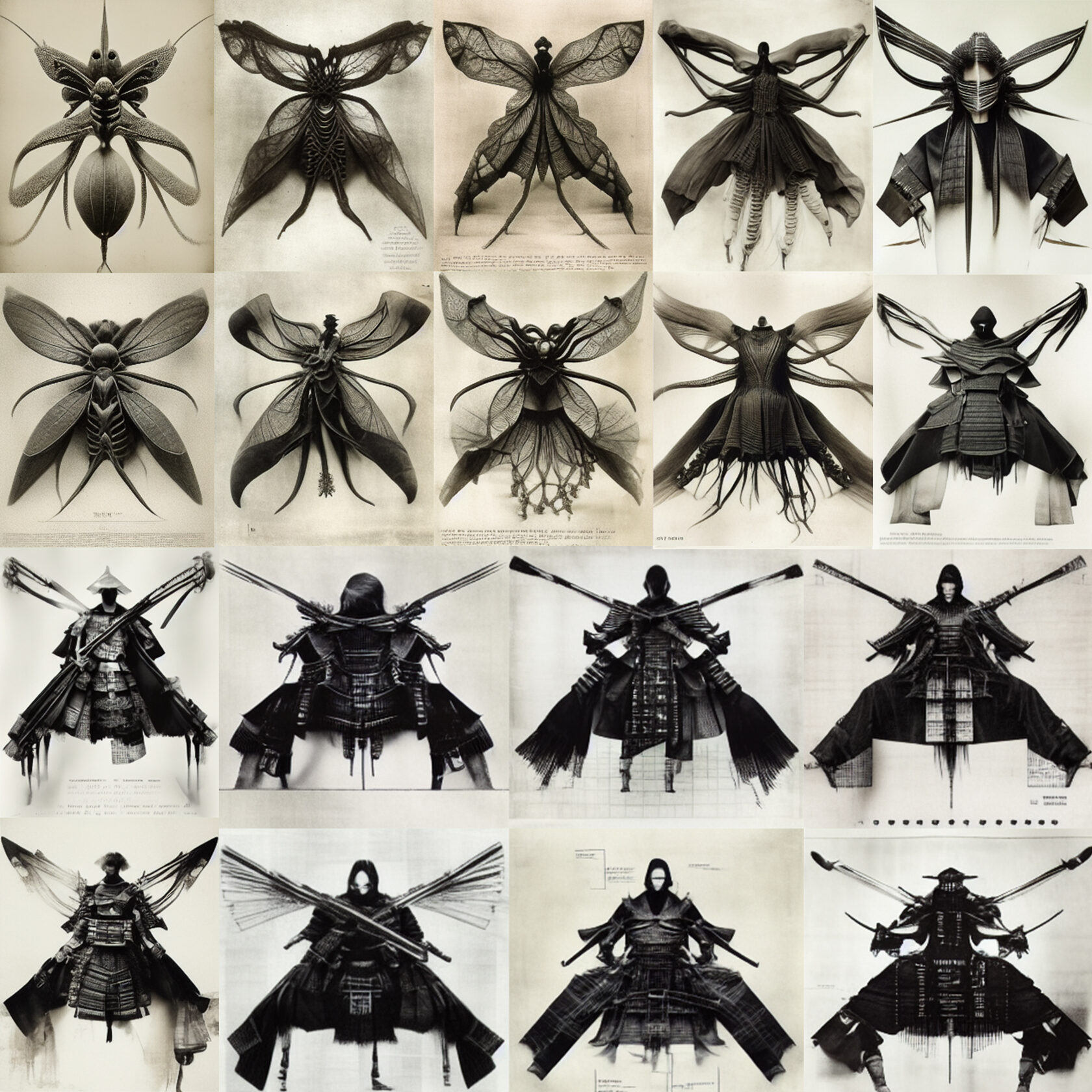 Midjourney prompt engineering showcasing insect-inspired fashion designs and samurai transformations in black and white imagery.
