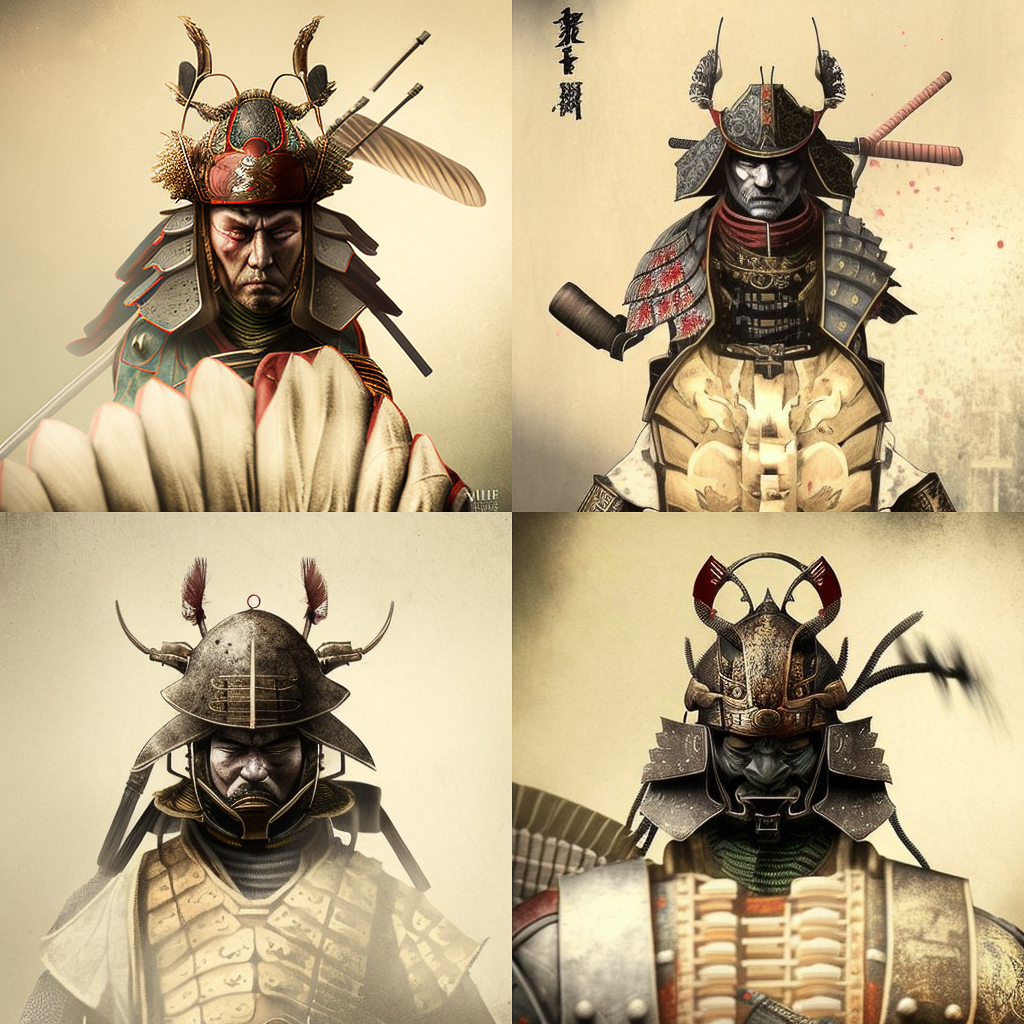 Midjourney prompt for XIX century samurai, showcasing variations in armor styles and designs, V4 features, iterative image generation.