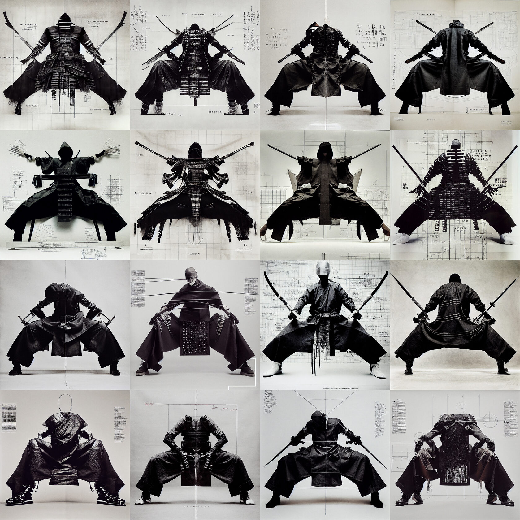 Midjourney prompt engineering for urban samurai designs, showcasing iterative image generation techniques and style swaps in Remix mode.