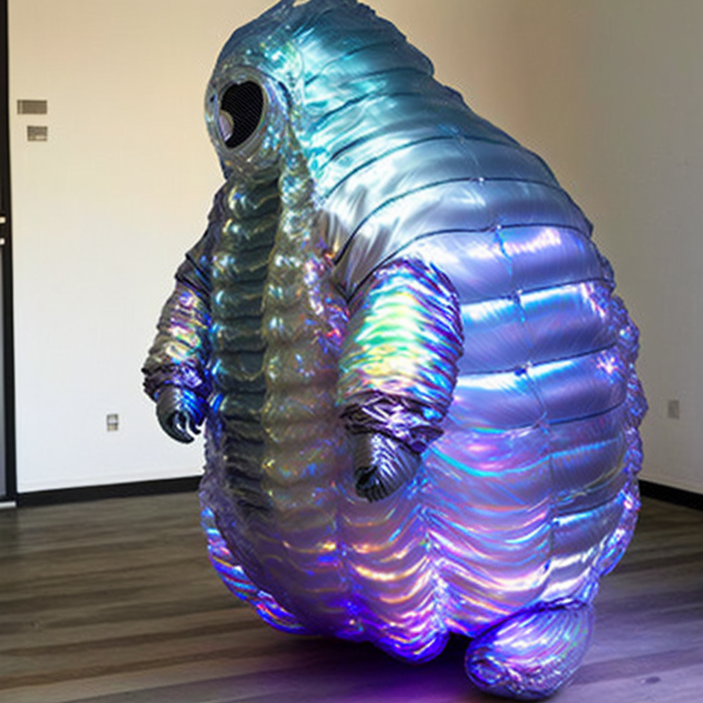Oversized tardigrade-shaped iridescent costume by Yeezy showcasing Midjourney prompt engineering in Remix mode V4.
