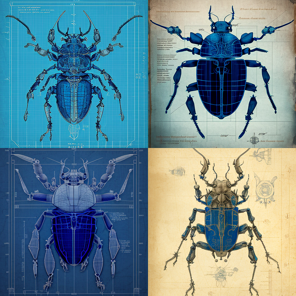 Blueprint of samurai beetle showcasing Midjourney prompt engineering techniques in V4.