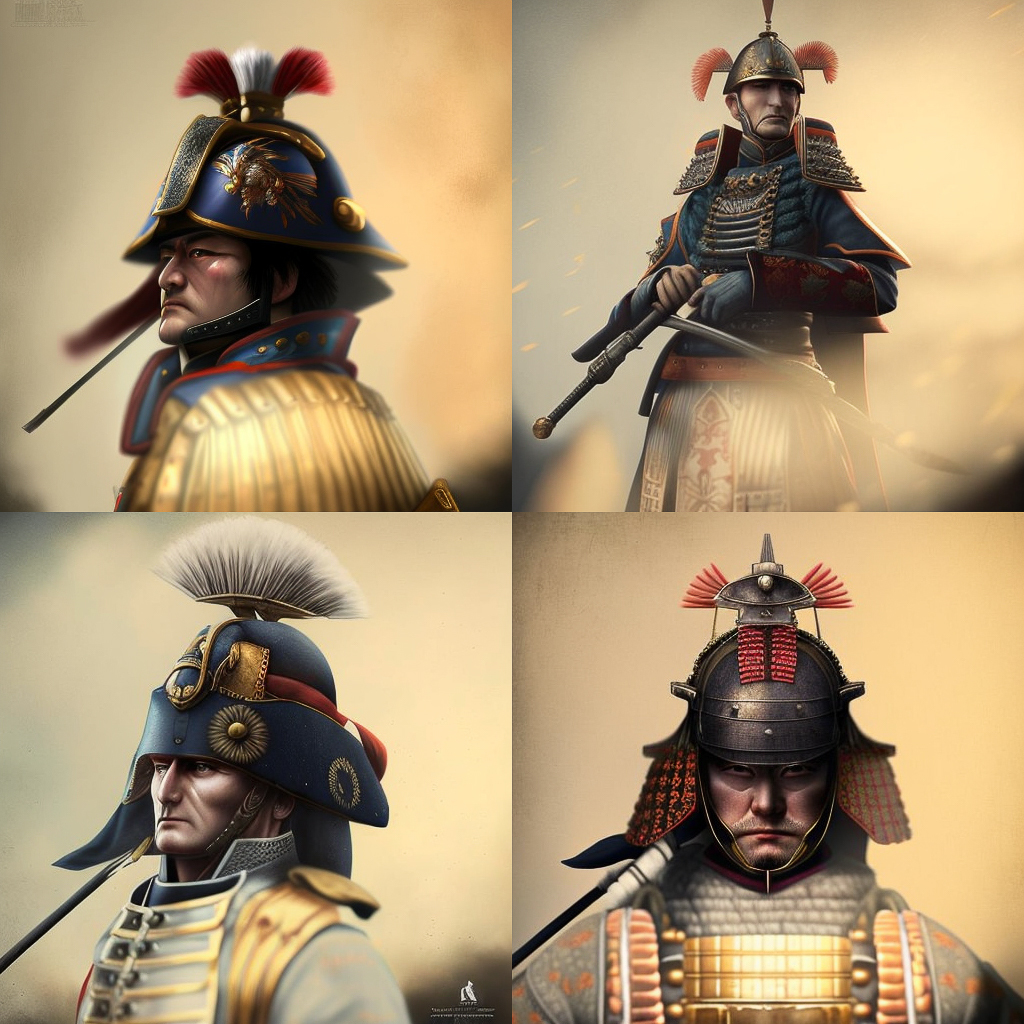 Midjourney prompt for Napoleon Army French samurai, showcasing iterative image generation and style swaps in V4.
