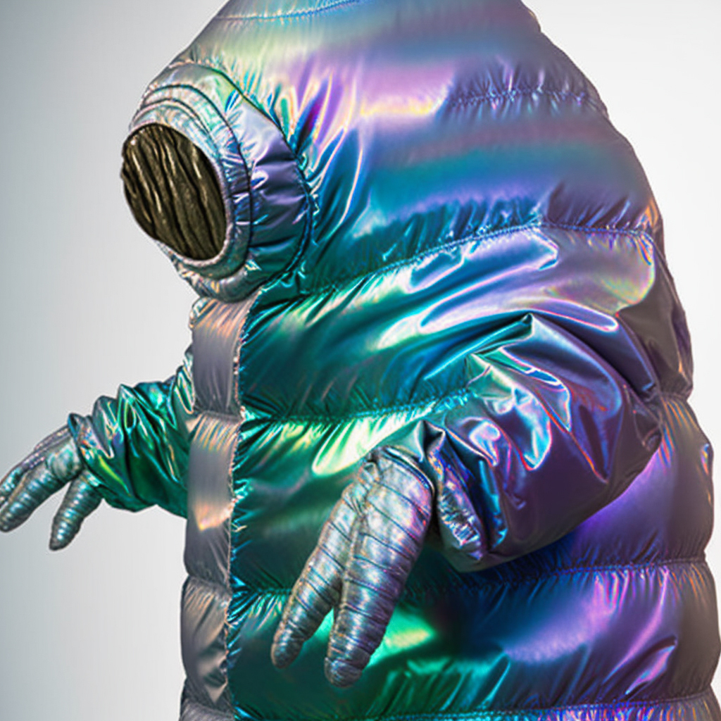 Midjourney prompt for oversized tardigrade-inspired iridescent costume design in Remix mode, V4 features, fashion transformation.