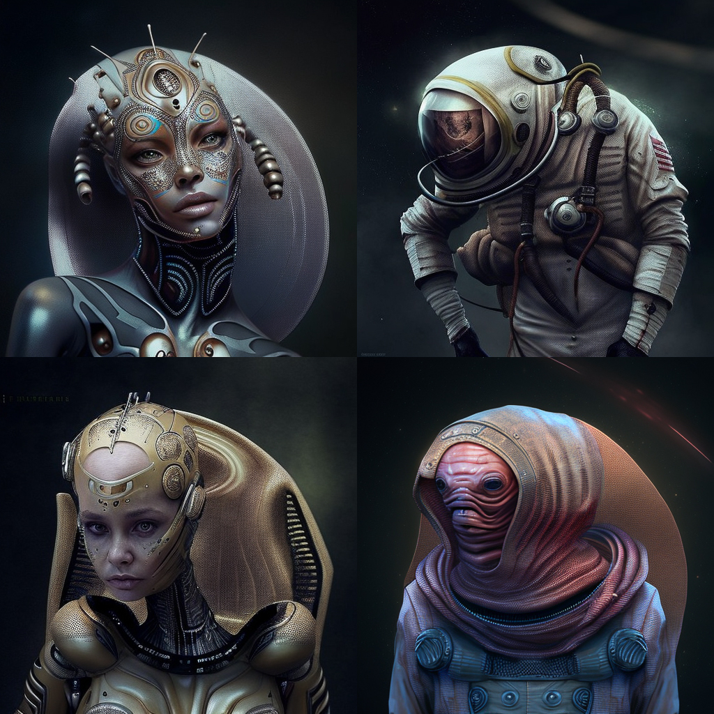 Midjourney prompt for unibody costume design in Remix mode, showcasing futuristic characters and styles, V4 features.
