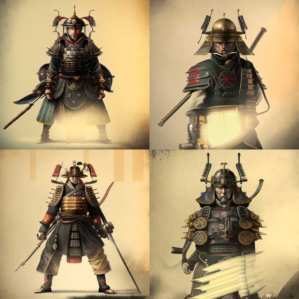 Midjourney prompt for dieselpunk samurai characters, showcasing iterative image generation and style swaps in V4.
