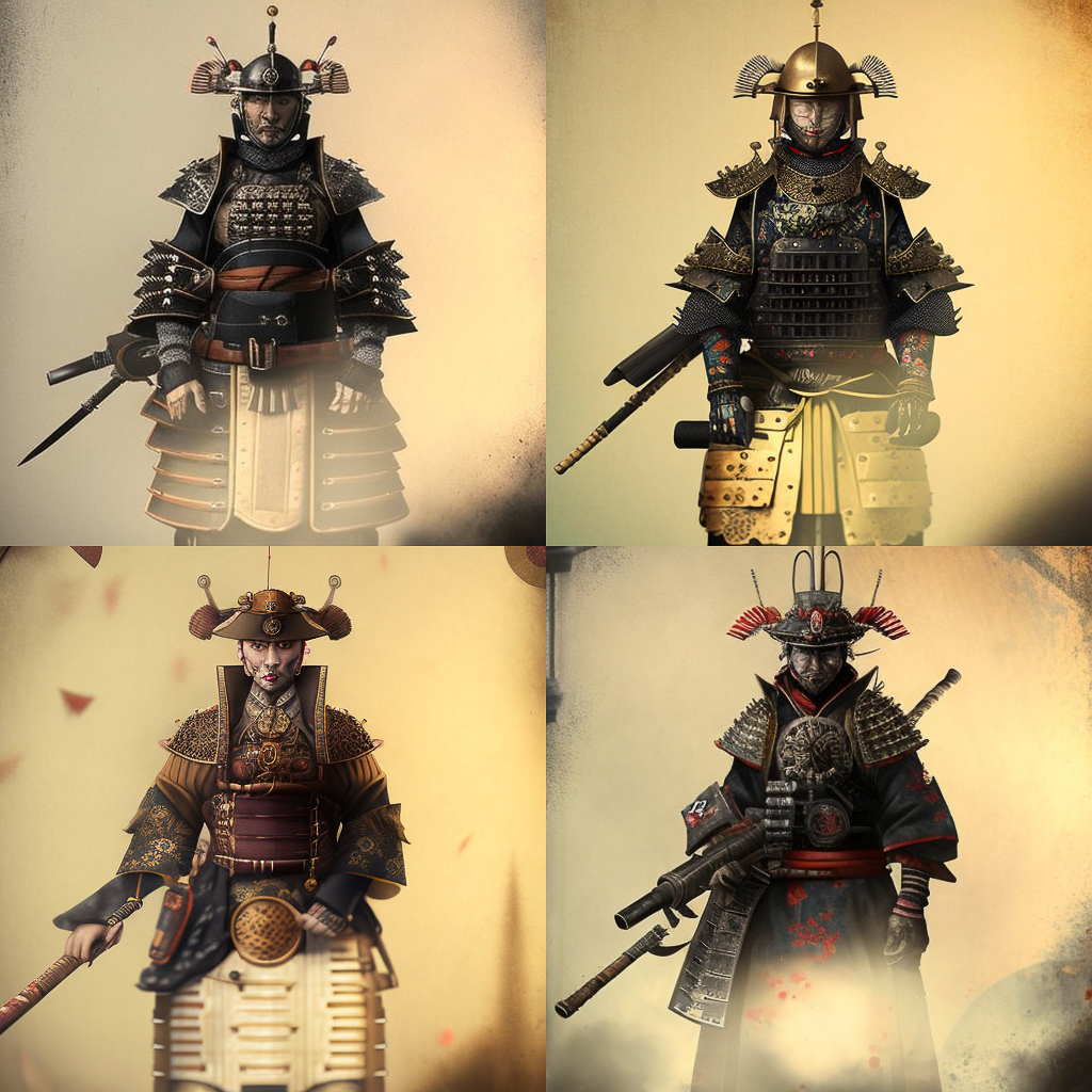Midjourney prompt for dieselpunk samurai portraits, showcasing armor styles and weaponry, V4 features, iterative image generation.