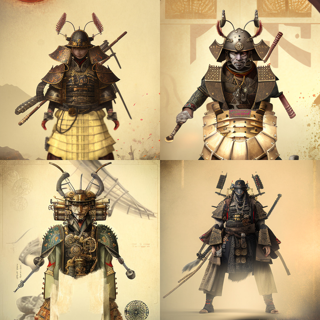 Midjourney prompt for XIX century dieselpunk samurai designs, showcasing variations in armor and weaponry, V4 features.