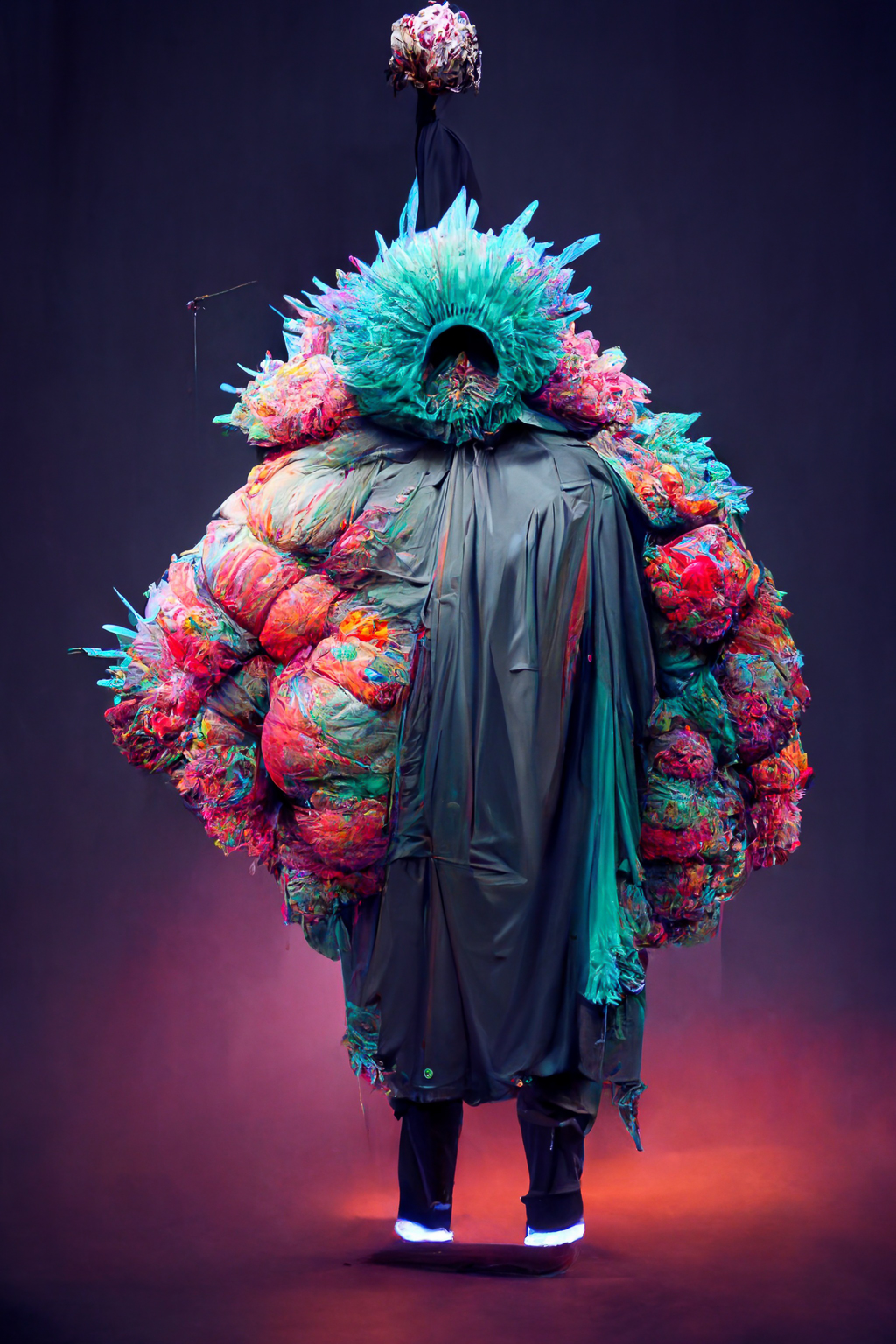 Oversized puffed up unibody costume by Yeezy showcasing Midjourney prompt engineering techniques in fashion design.