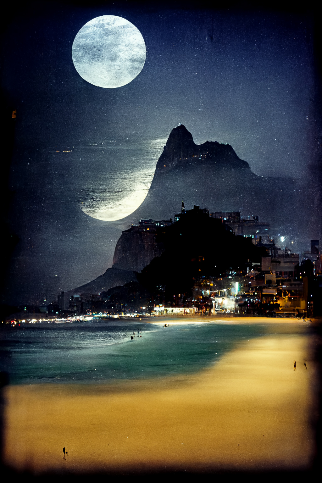Midjourney prompt for moonlit night over Ipanema, showcasing iterative image generation and style swap techniques.
