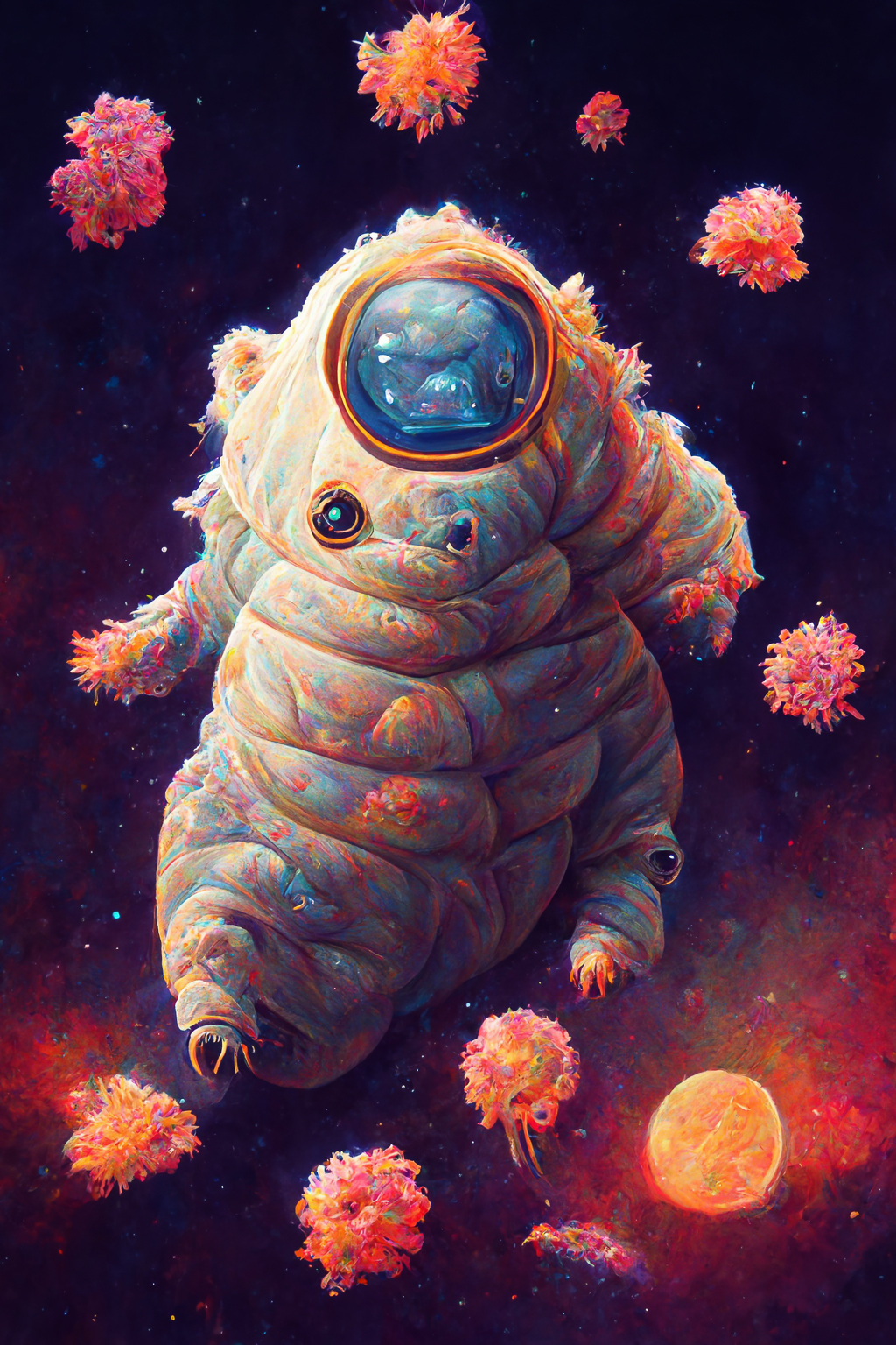 Midjourney prompt for space tardigrade --v 3, showcasing iterative image generation and style swap techniques in Remix mode.