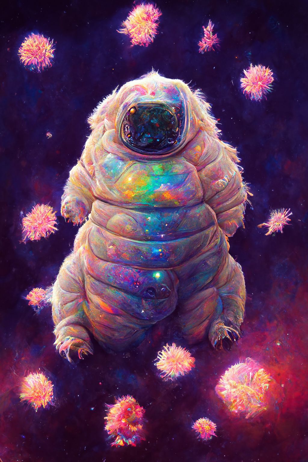 Iridescent space tardigrade generated with Midjourney prompt techniques, showcasing V3 capabilities and style transformations.
